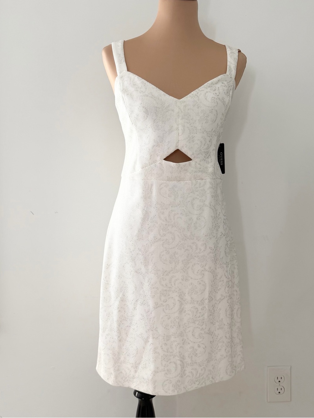 White Textured Mini Dress with Front Keyhole